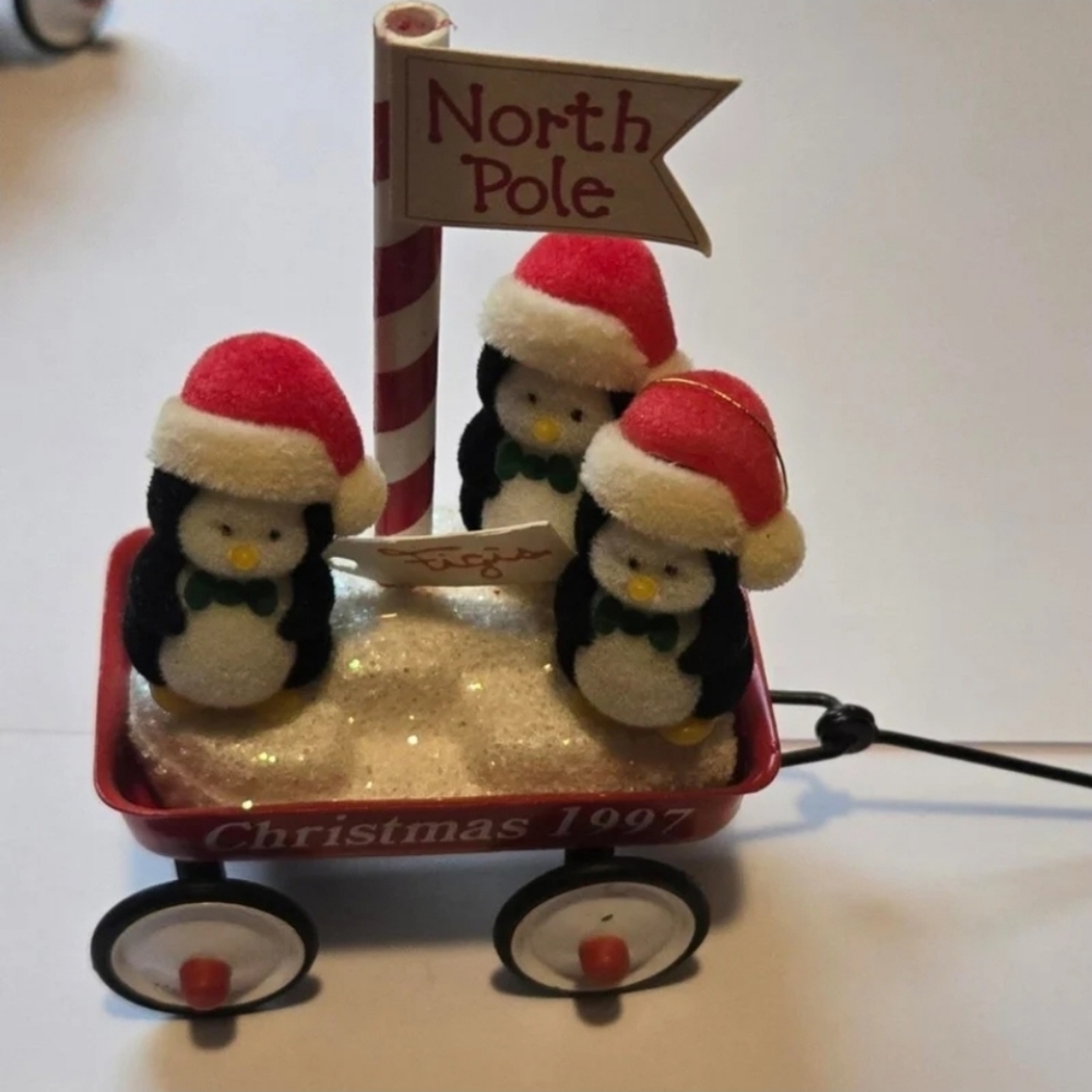 Figi's 1997 Christmas Red Wagon Penguins Vintage Collectible Figurine Ornament
